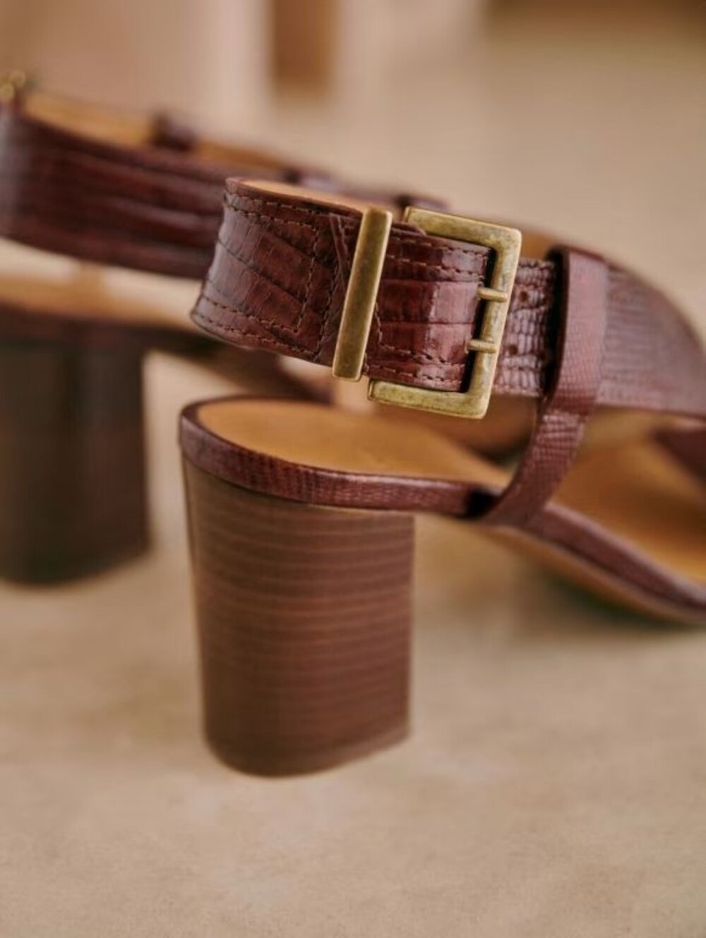 Sézane | Sacha Burgundy Croc-Embossed Leather Block Heel Sandals - Picture 7 of 15